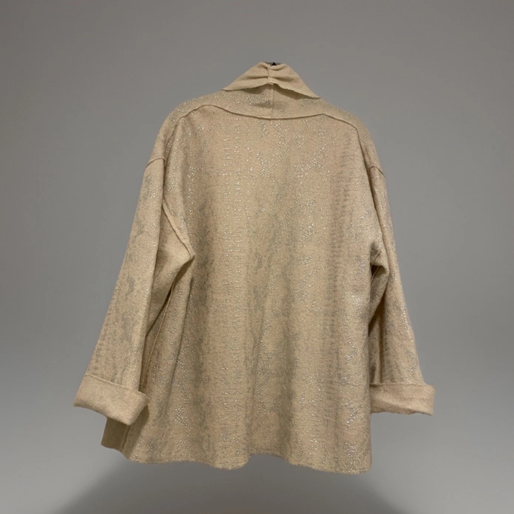 Chico’s 100% Wool Cardigan Jacket Beige Metallic Shimmer Open Front Size 1 - Picture 3 of 10